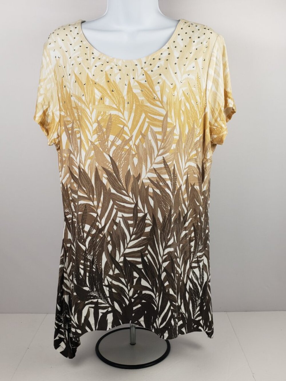 Ruby Rd Petites PL Yellow Tan Brown Leaves Womens Spring Summer Top Blouse